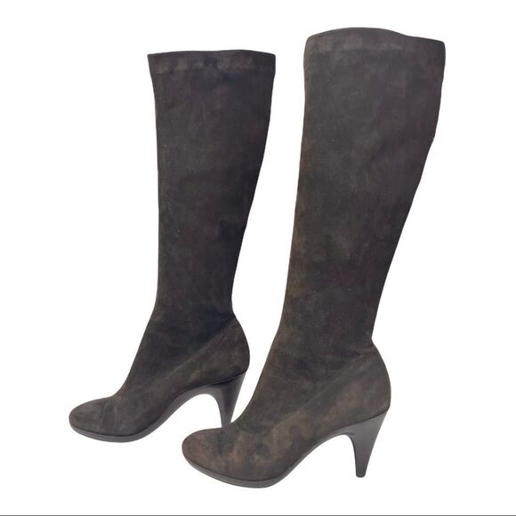 Robert Clergerie Tall Dark Brown Stretch Suede Heeled Sock Boots Size 8.5 - Picture 2 of 11